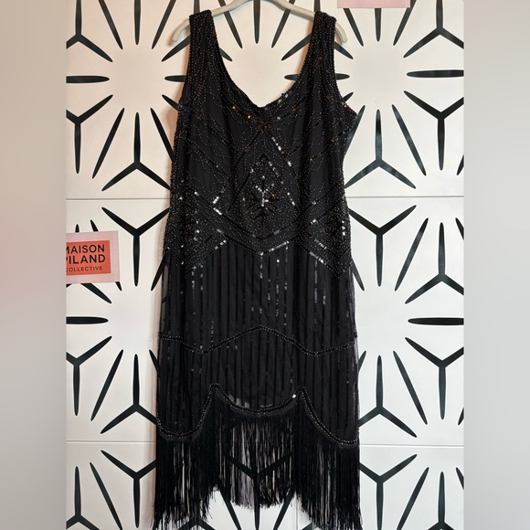 1920s Gatsby Sequin Fringed Flapper Dress + Accessories Set – 3XL – Black – NWT - Picture 2 of 10